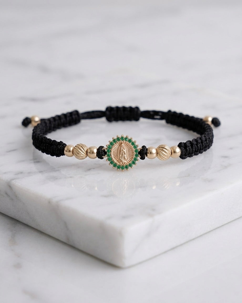 BRAZALETE VIRGEN GUADALUPE VERDE ESM HILO NEGRO
